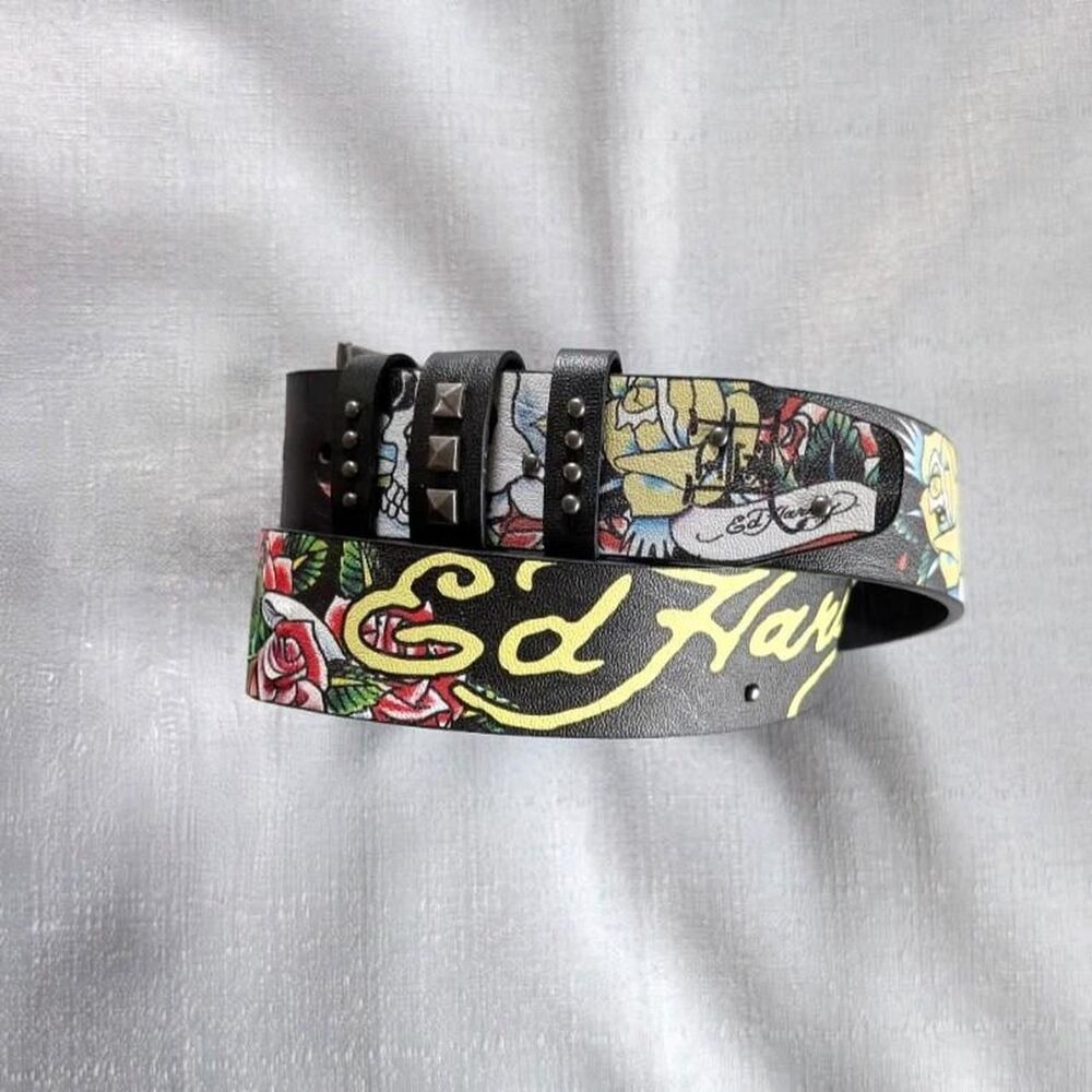 Ed Hardy Studded Tattoo Print Faux Leather Belt Men's size 34 NEW!